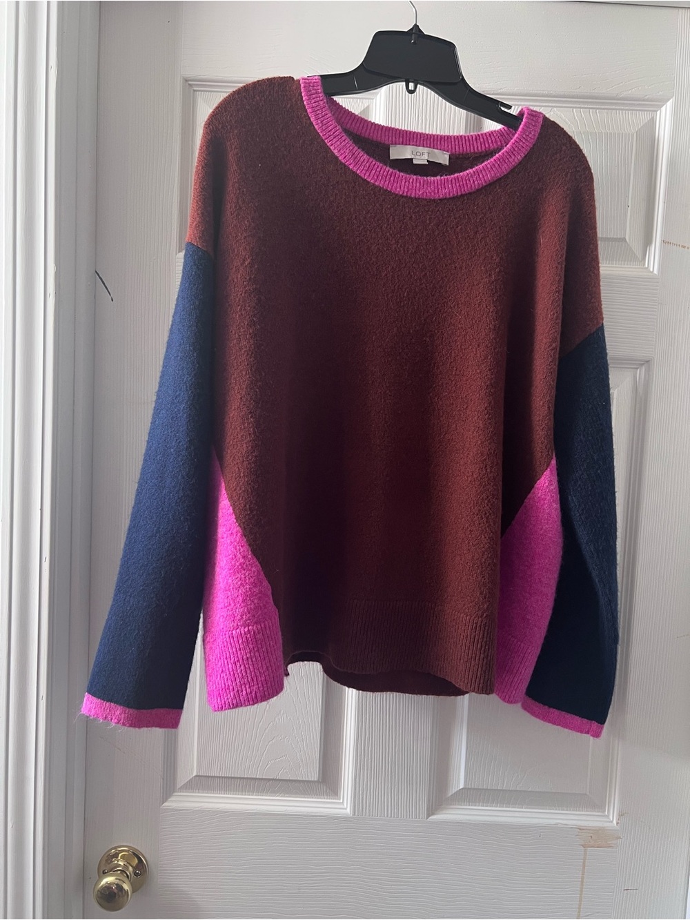 LOFT Colorblock Knit Crewneck Sweater Brown Navy Fuchsia Pink Sz XL